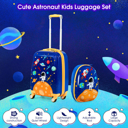 Astronaut-themed kids luggage set with rolling suitcase and backpack, perfect for travel adventures.