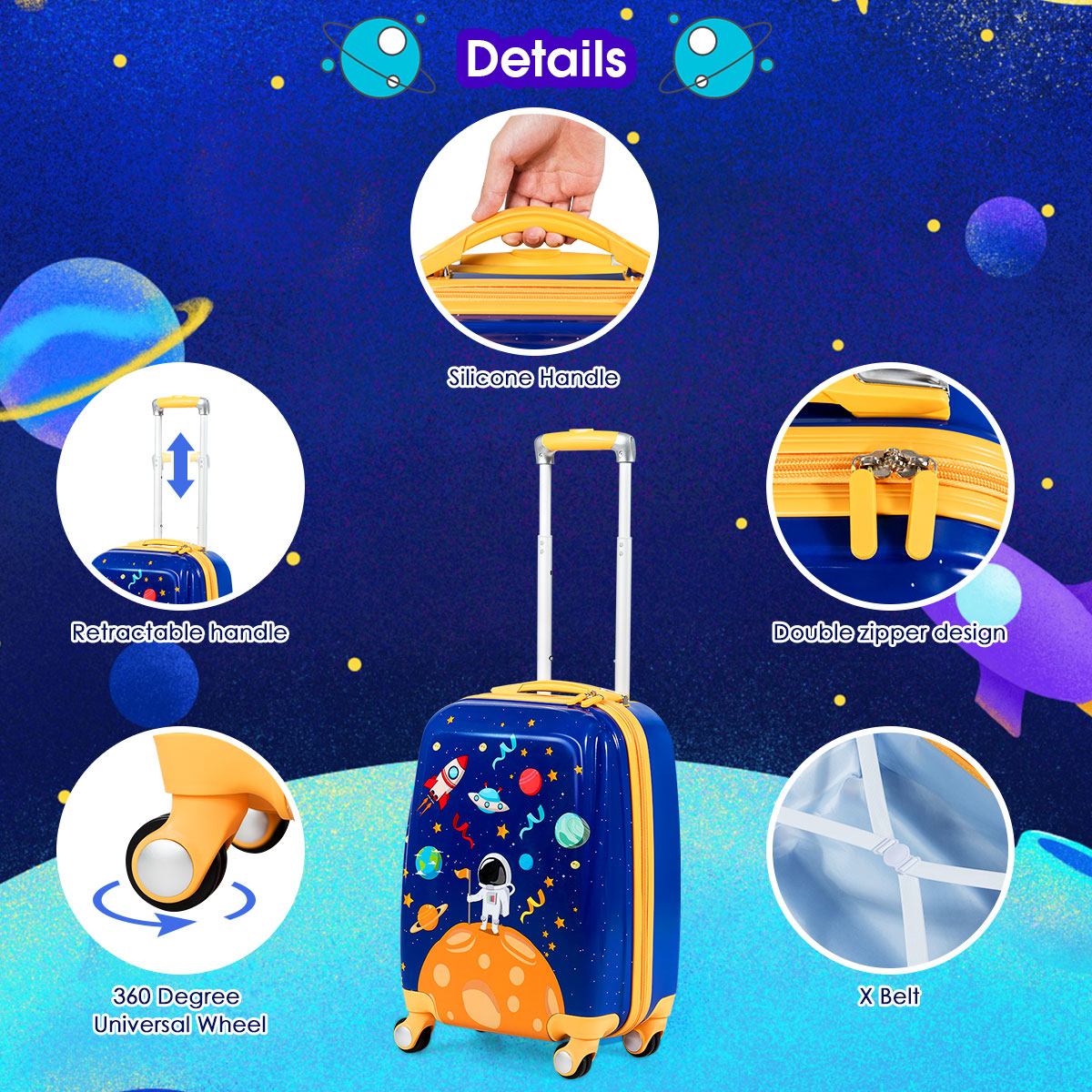 Kids astronaut luggage set with backpack for travel | 4-wheel rolling suitcase for easy transportation.