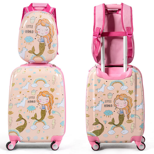 Colorful mermaid-themed luggage set with suitcase and backpack for childrens travel adventures.