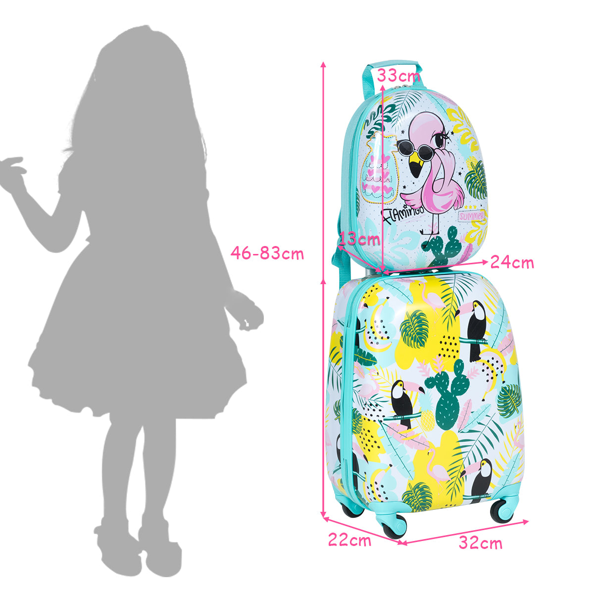 Vibrant flamingo pattern kids luggage set with suitcase and backpack combo for travel.