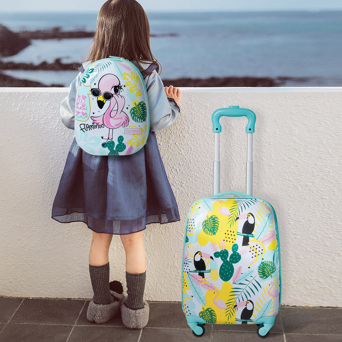 Flamingo pattern kids luggage set with suitcase and backpack combo, perfect for travel adventures.