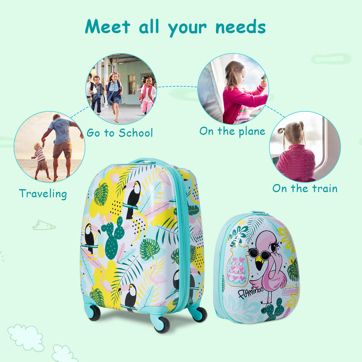 Kids luggage set with flamingo pattern, includes suitcase and backpack combo for travel.