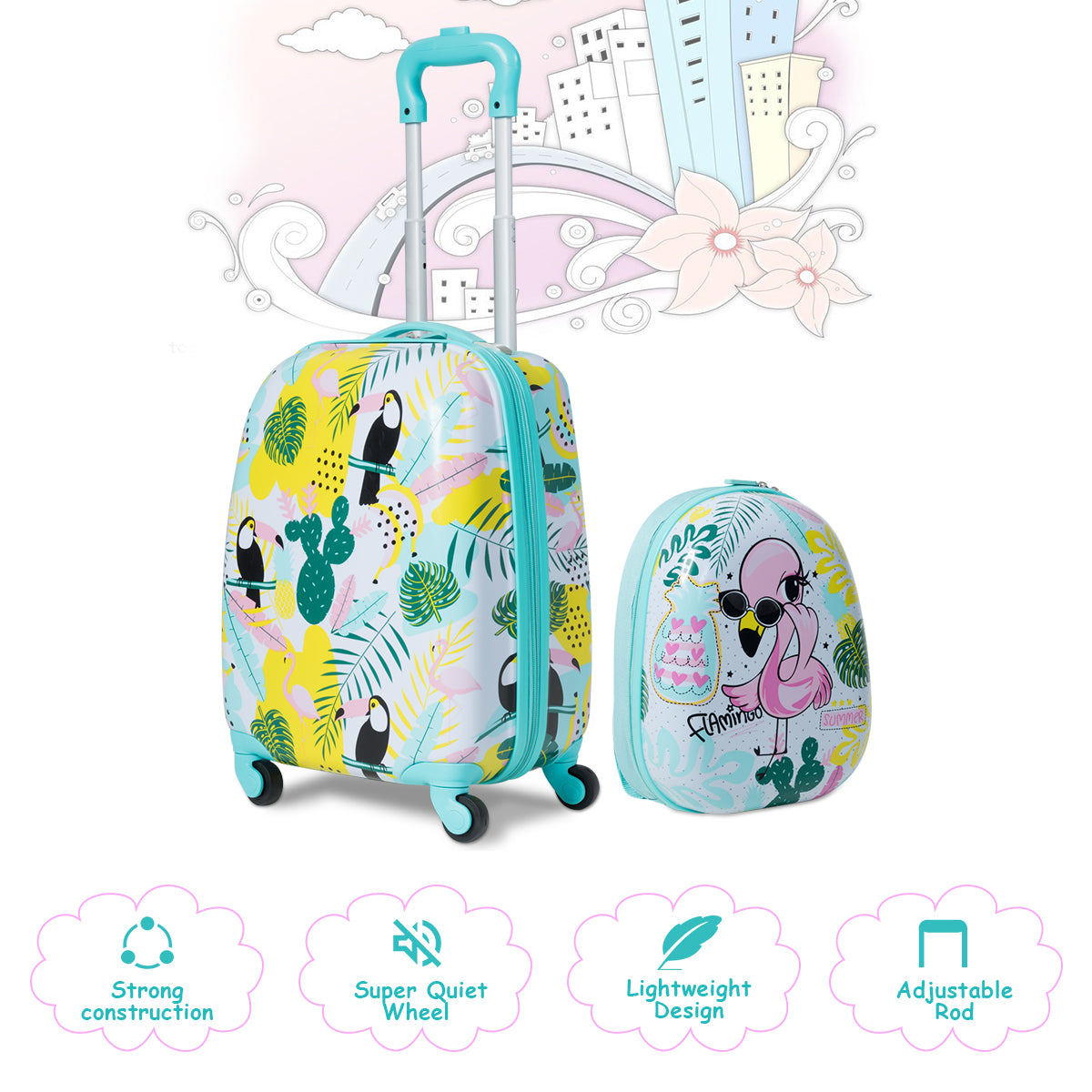 Colorful Flamingo Pattern Kids Luggage and Backpack Combo for travel-ready young adventurers.