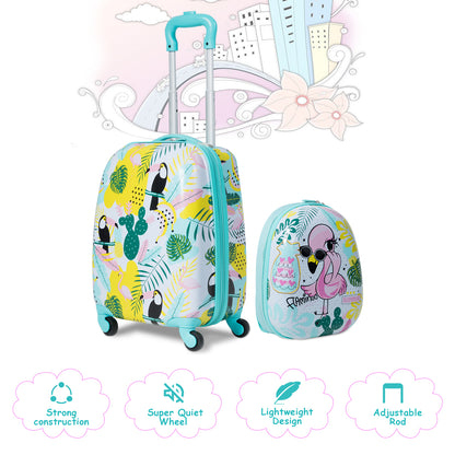 Colorful Flamingo Pattern Kids Luggage and Backpack Combo for travel-ready young adventurers.