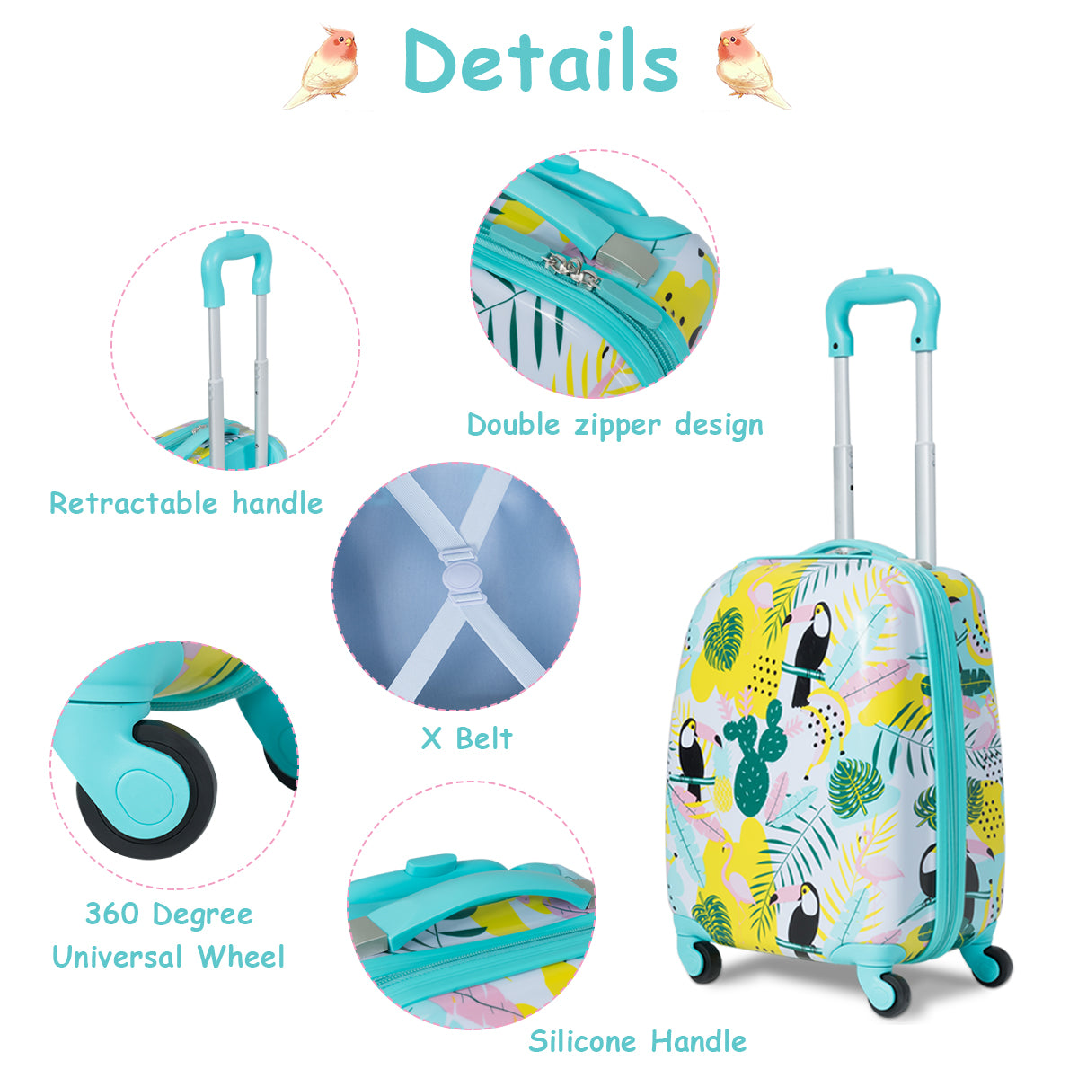 Kids luggage set with flamingo pattern, includes suitcase and backpack, perfect for travel.