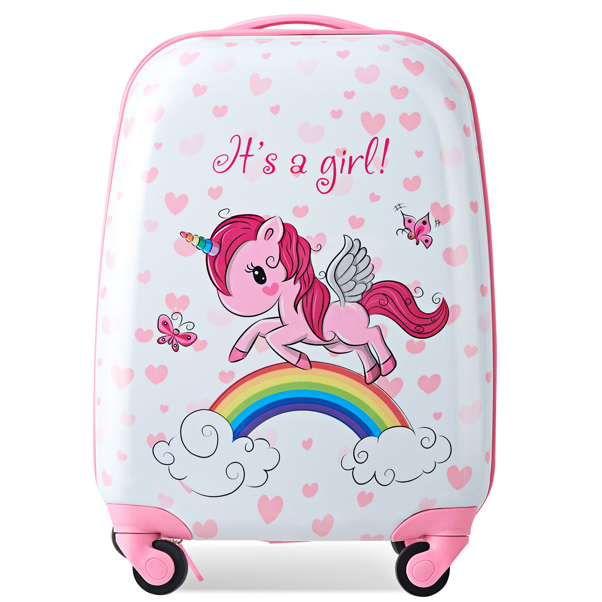 Colorful unicorn-themed hard shell luggage set with backpack for kids travel adventures.