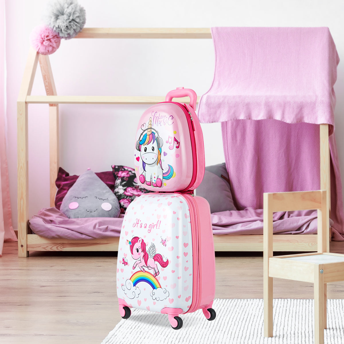 Colorful unicorn kids luggage set with backpack for travel, perfect for fun family trips.