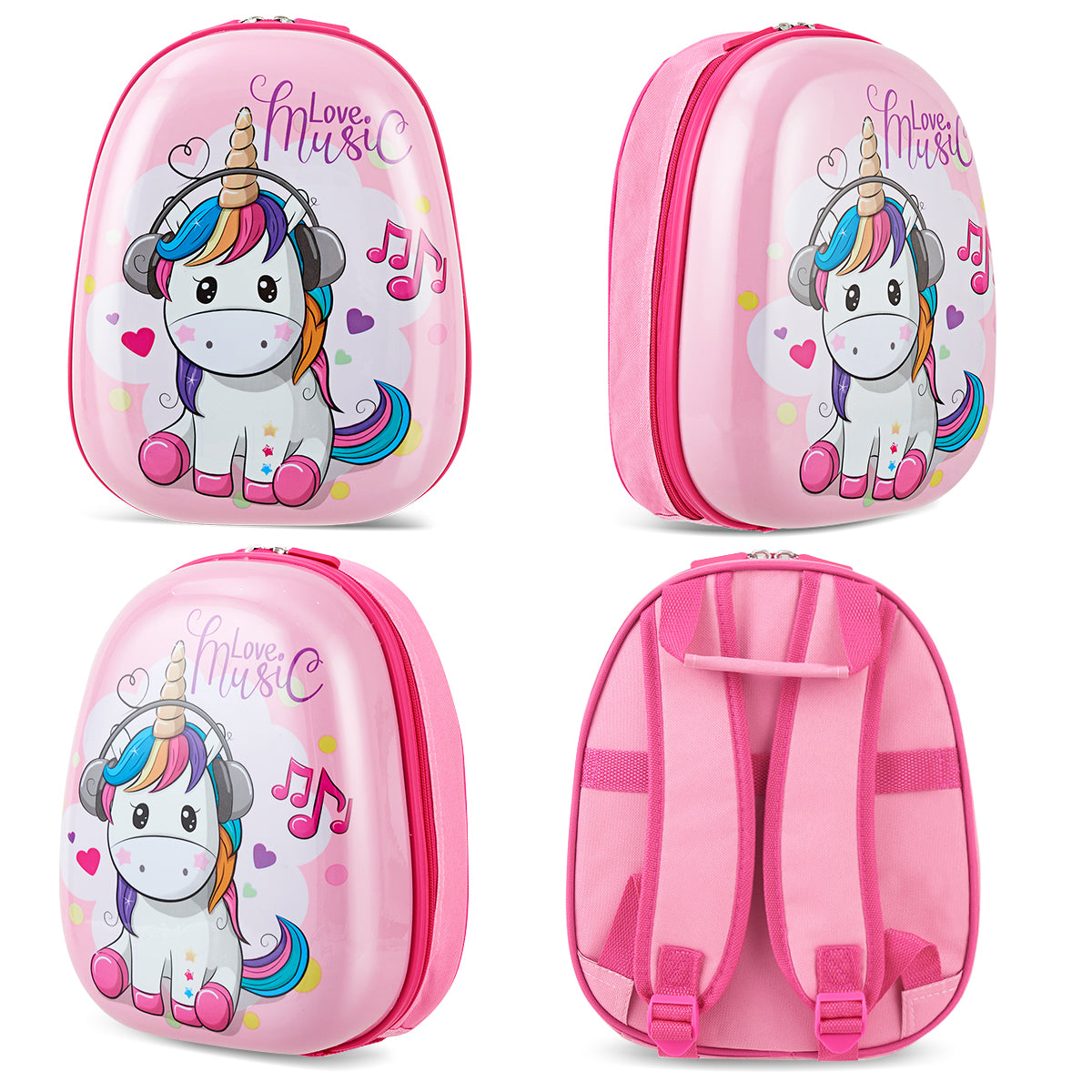 Colorful unicorn-themed kids luggage set with matching backpack, perfect for travel and storage.