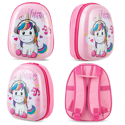 Colorful unicorn-themed kids luggage set with matching backpack, perfect for travel and storage.