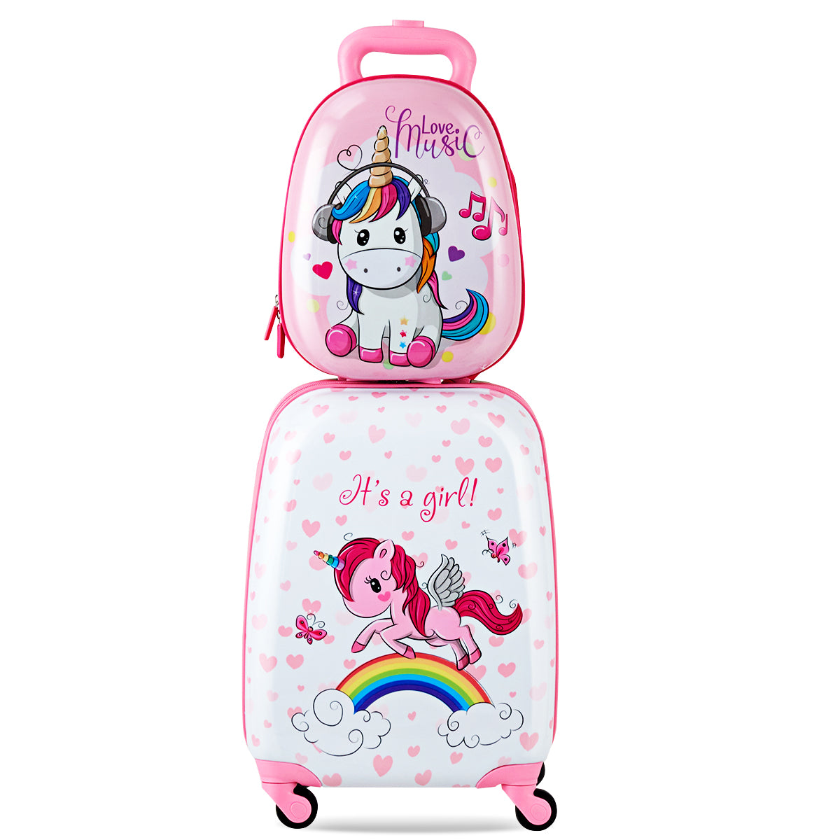 Unicorn kids luggage set with matching backpack, perfect for magical travels and adventures.