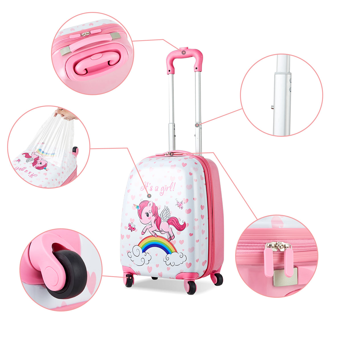 Unicorn kids luggage set and backpack for travel, durable hard shell design, perfect for kids.