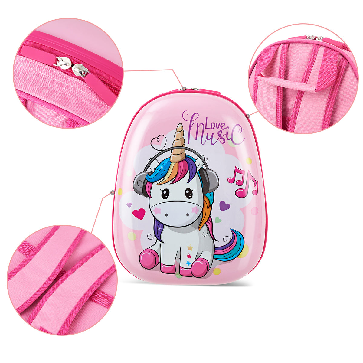 Kids luggage set with unicorn design and matching backpack for travel and storage.