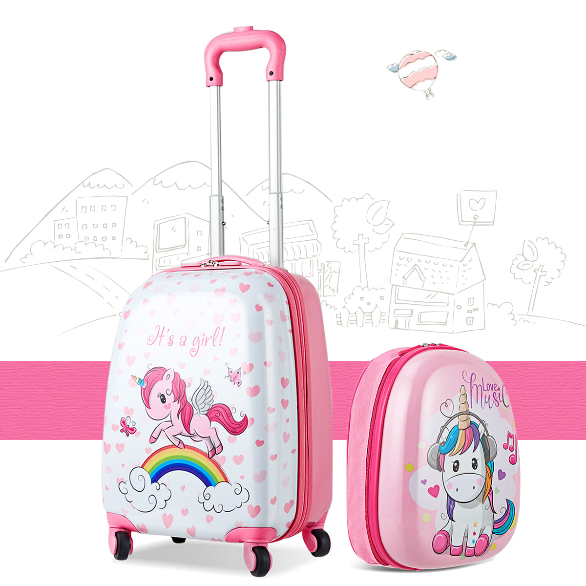 Colorful unicorn-themed hard shell luggage set with matching backpack for kids travel.