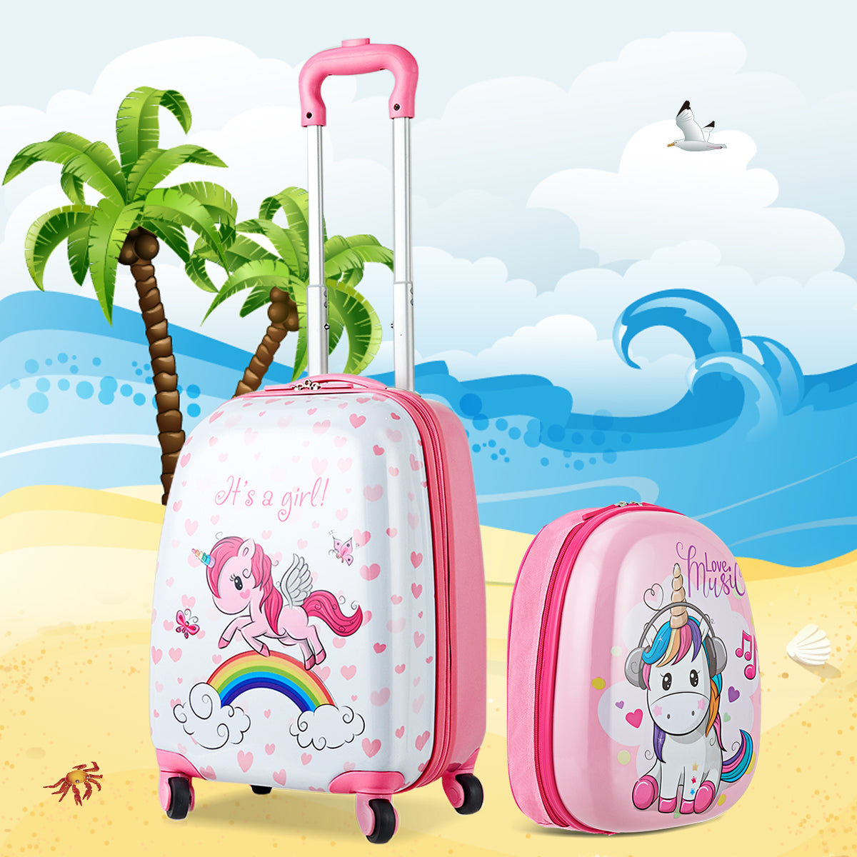 Colorful Unicorn Kids Luggage Set with Backpack, perfect for travel and sleepovers.