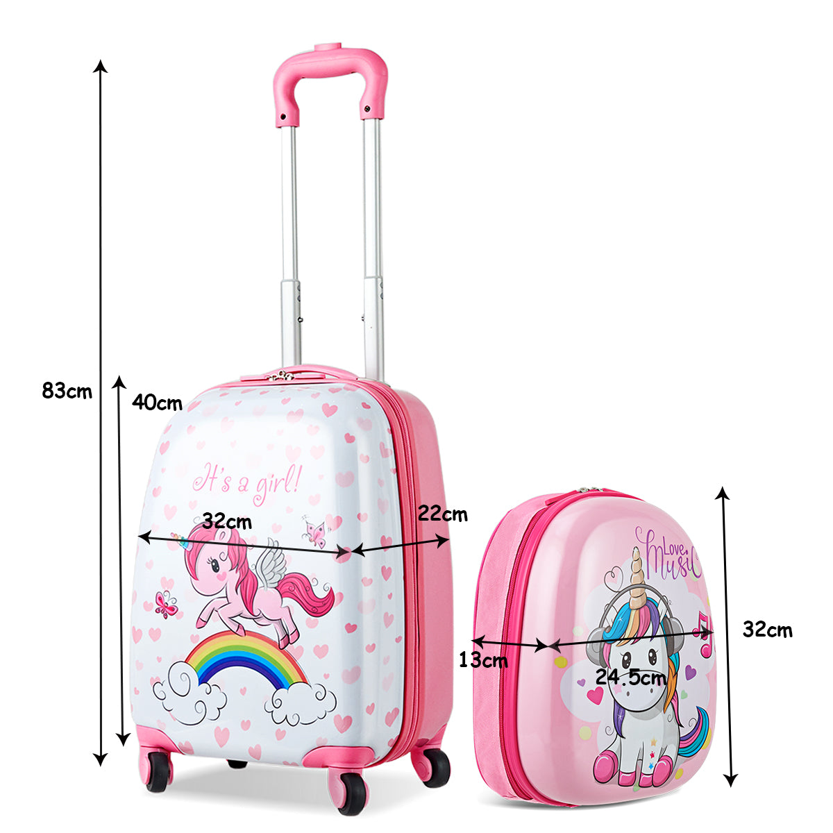 Unicorn-themed hard shell luggage set with backpack, perfect for kids traveling in style.