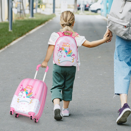 Pink kids 2-piece luggage set with wheels, perfect for travel and storage at home.