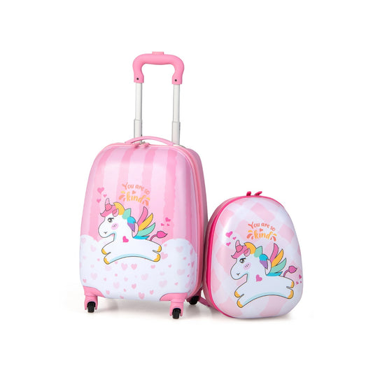 Kids pink 2-piece luggage set with wheels - perfect for young travelers at home.