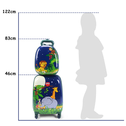 Colorful kids luggage set with elephant and lion design, including suitcase and backpack on wheels.