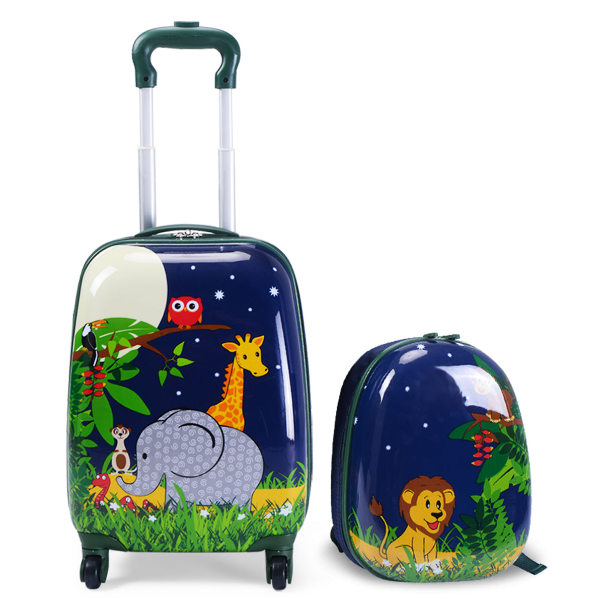 Colorful kids luggage set with elephant and lion design, featuring backpack and wheeled suitcase.