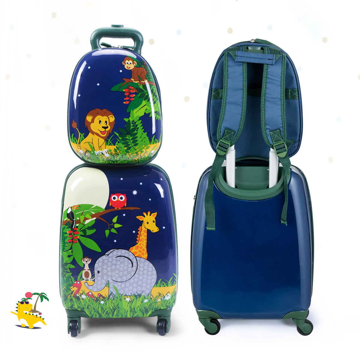 Colorful Kids Elephant and Lion Luggage Set with rolling backpack for fun travels.