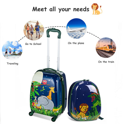 Kids luggage set with elephant and lion design, includes suitcase and backpack with wheels.