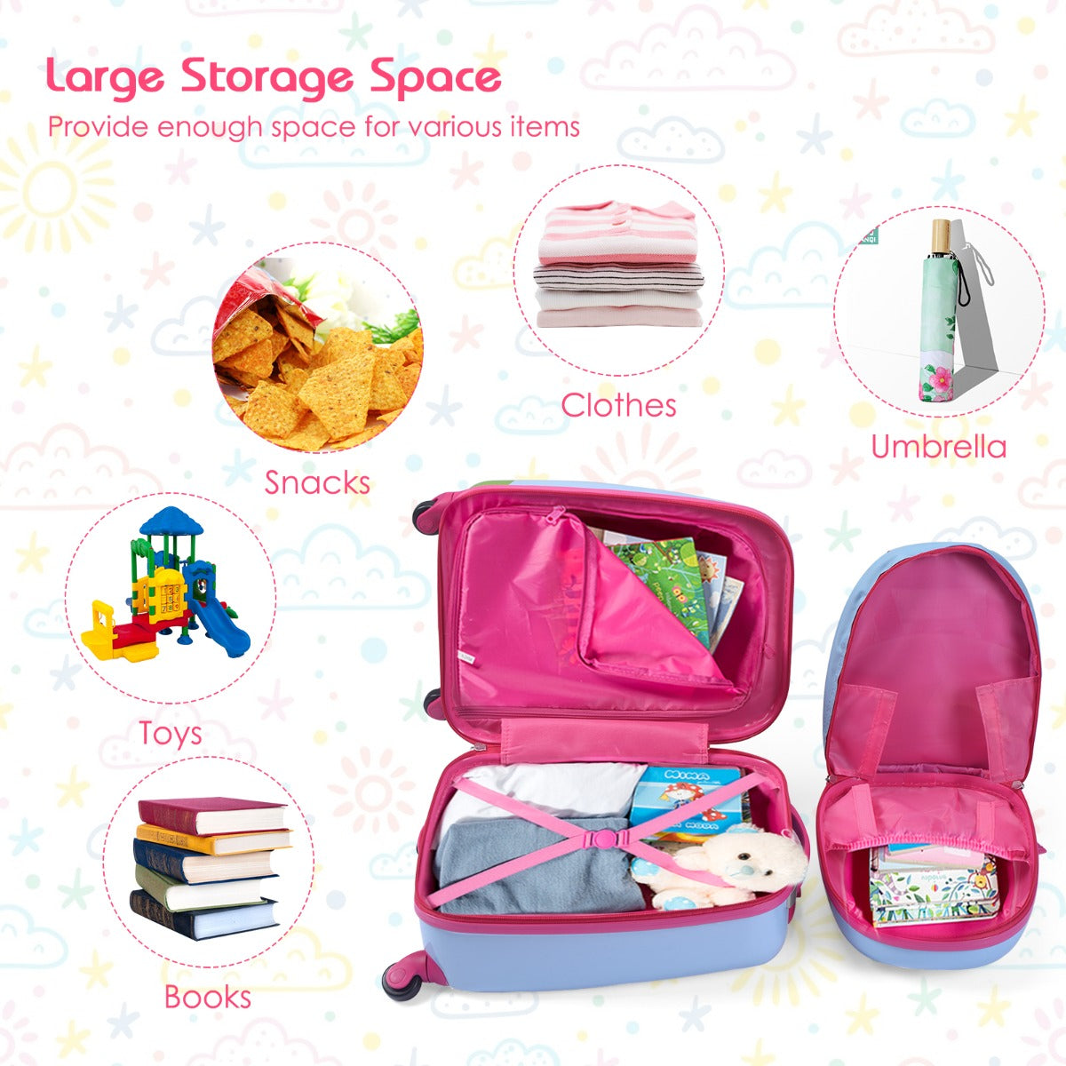 Colorful kids luggage set with trolley case and backpack for travel and sleepovers.