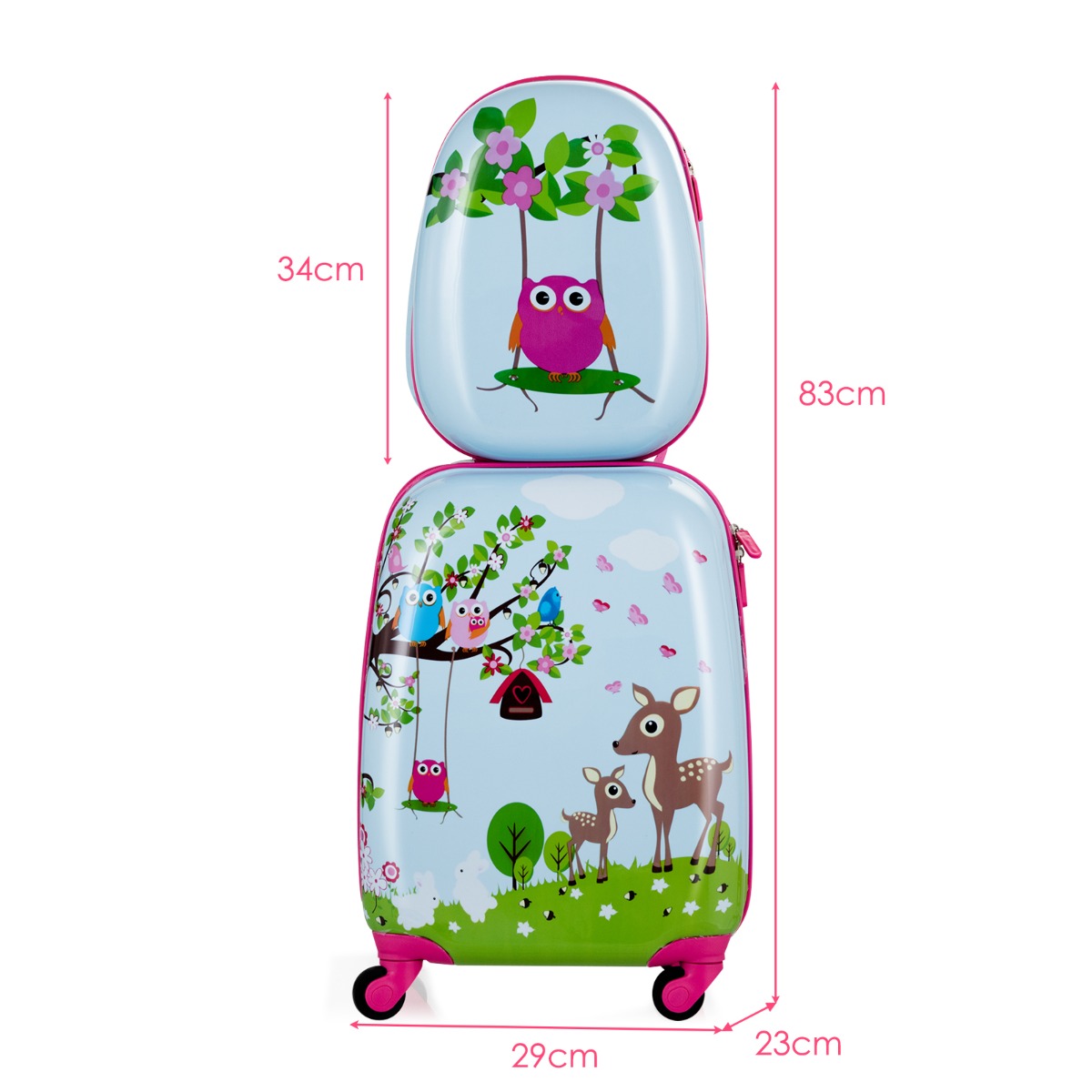 Colorful 2-piece kids luggage set with trolley case and backpack, perfect for travel and school.