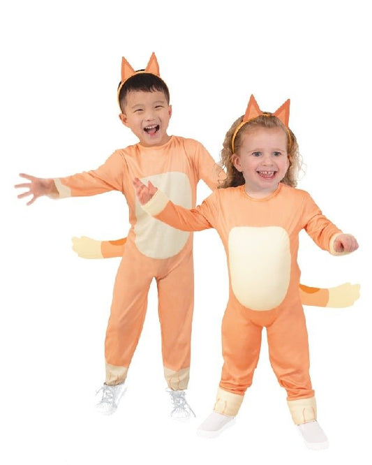 Bluey Bingo toddler costume with cute spots and ears for fun dress-up playtime at home.