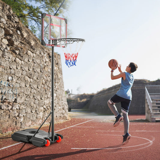 Kids basketball hoop stand with adjustable height for indoor/outdoor play, stable base included.