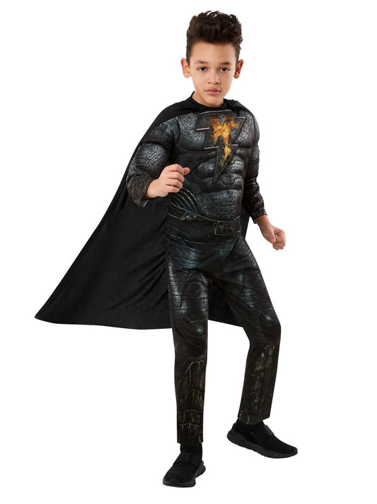 Black Adam kids costume with cape and muscle chest for dress-up play at home.