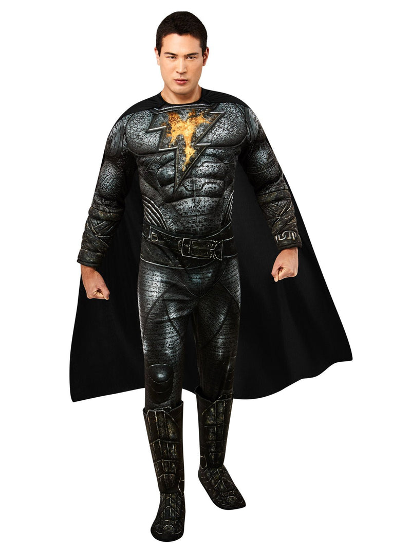 Shop Black Adam Deluxe Costume - Textured jumpsuit, padded muscle chest, gold lightning bolt, attached boots & gauntlets, printed belt, black cape. Ideal for conventions, Halloween, cosplay.