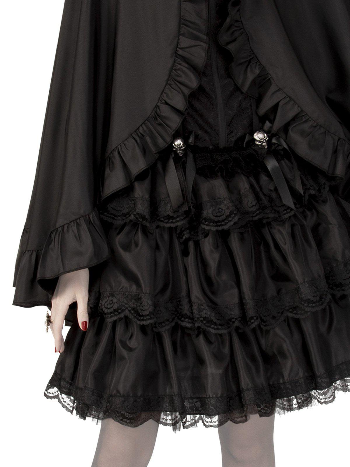 Black satin kids cape with gem clasp, ideal for Halloween costumes and dress-up play.