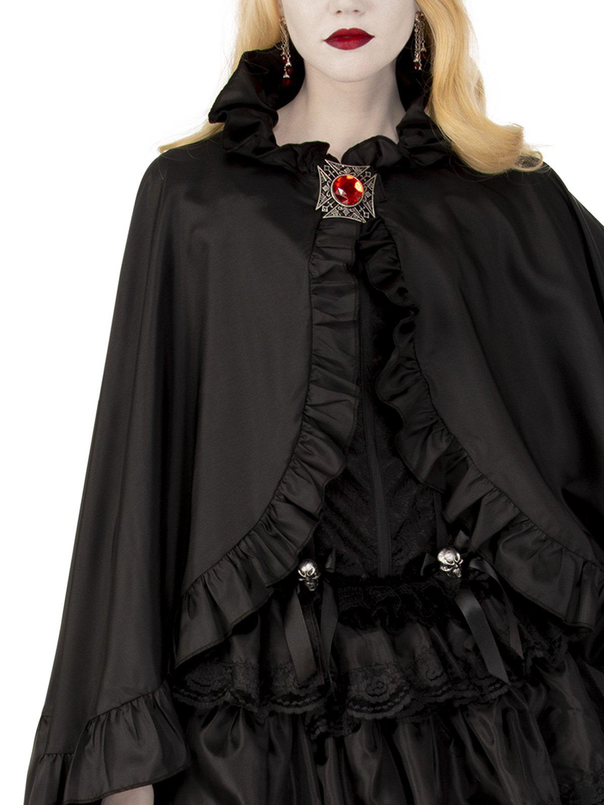 Black satin cape with gem clasp, perfect Halloween costume accessory for kids.