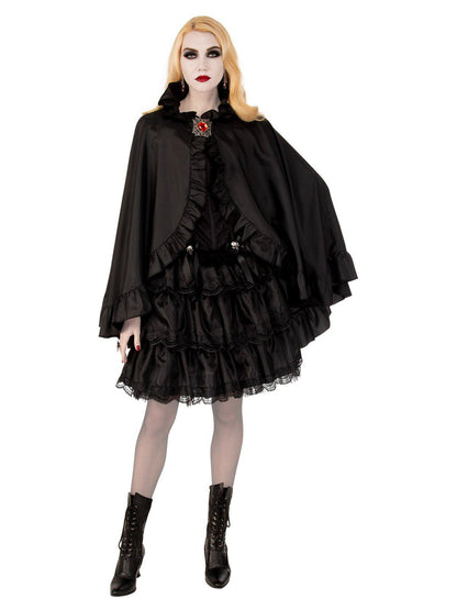 Kids Halloween cape | Black satin with gem clasp for costumes. Elegant, magical accessory.