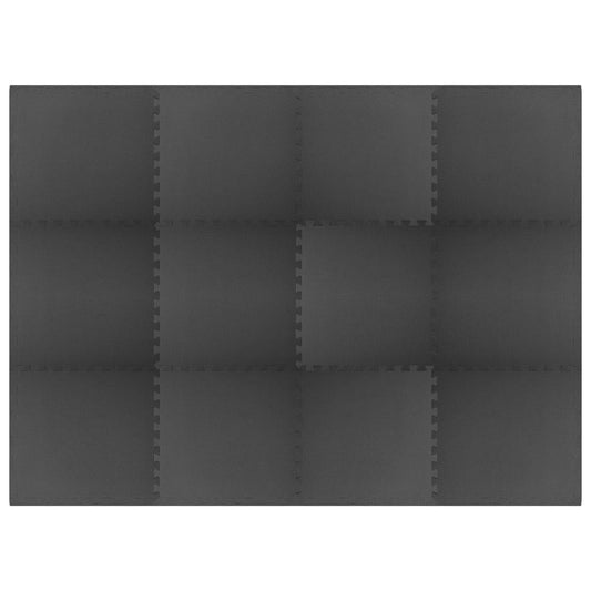 Set of 12 black foam interlocking floor mats for safe and fun play areas.