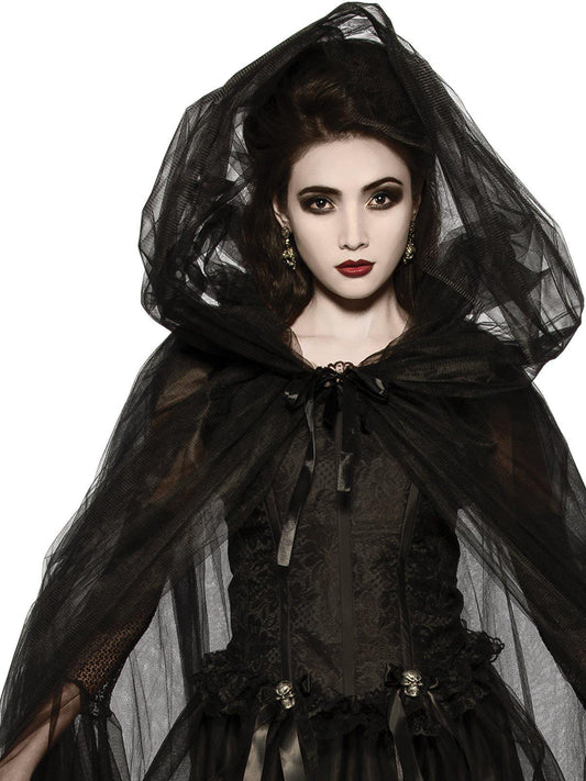 Black hooded cape for adults, a Halloween costume accessory, adds mystery and style.