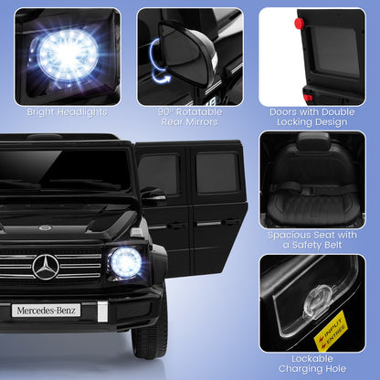 Mercedes-Benz G500 kids ride-on car in black with remote control, ideal for home fun.