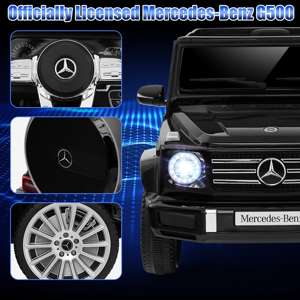 Mercedes-Benz G500 kids ride-on car in sleek black, includes remote control for home fun.