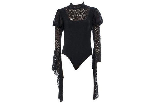 Black lace Halloween bodysuit for women, ideal for Halloween costumes, adult standard size.