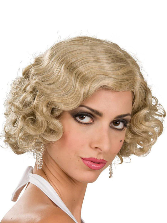 Blonde flapper wig for adults, perfect for 1920s flapper or roaring 40s costumes.