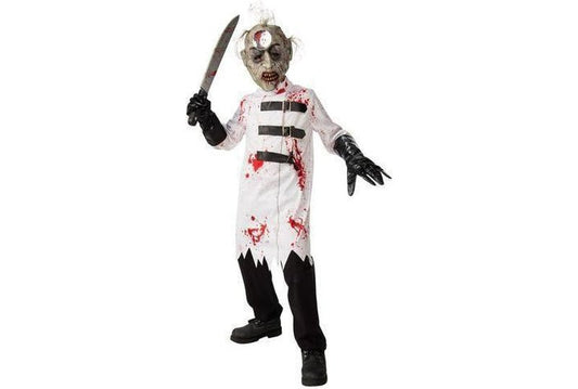 Halloween costume for kids featuring bloody surgeon design, perfect for spooky at-home fun.