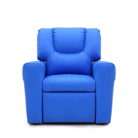 Blue kids recliner with cup holder, perfect for relaxing and watching movies at home.