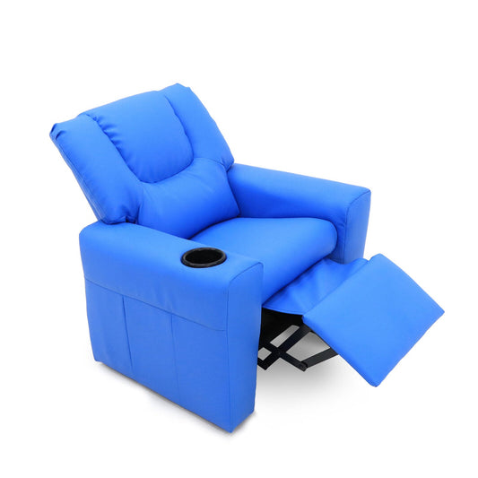 Blue Kids push back recliner chair with cup holder for comfortable and fun lounging.