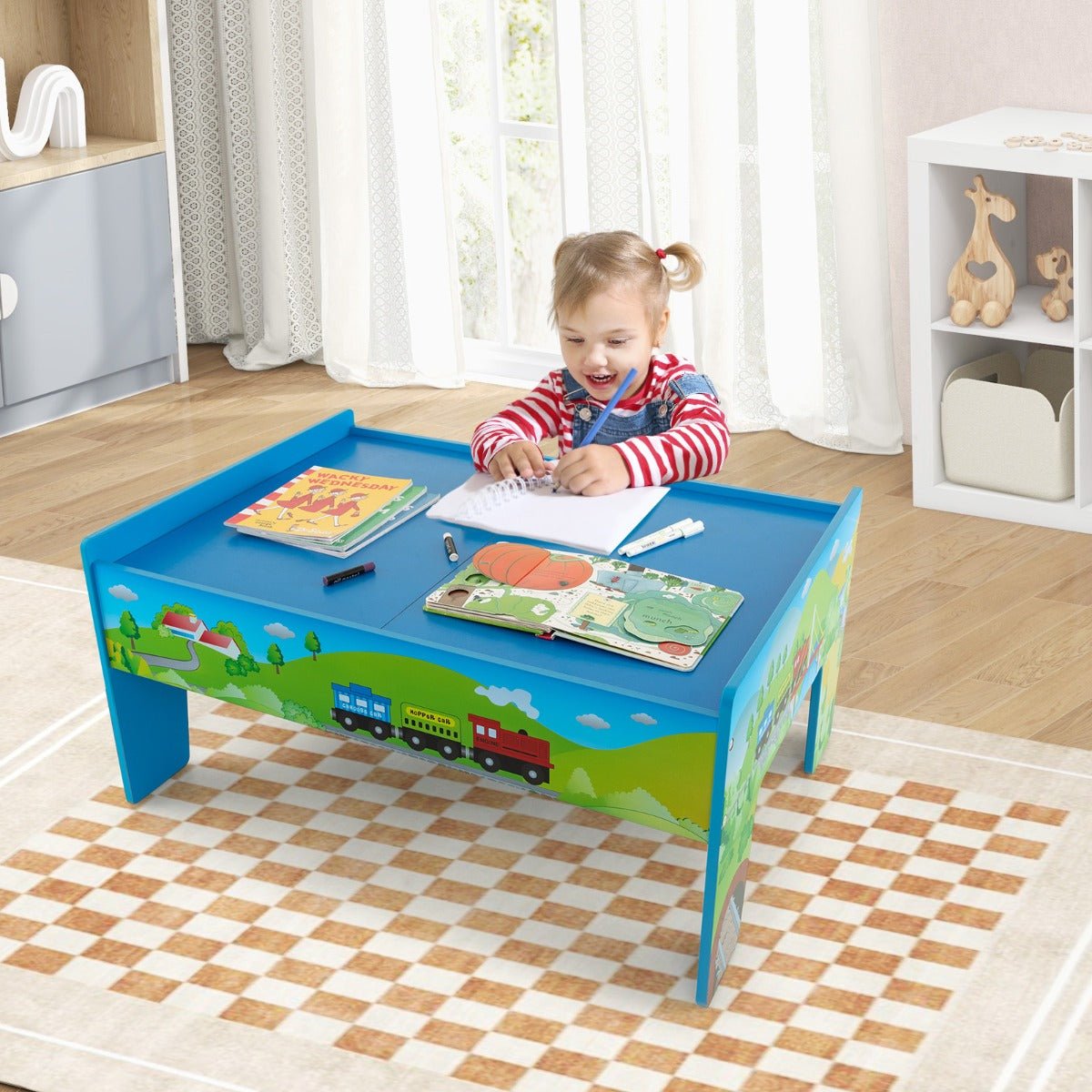 Blue Wooden Table Featuring an 80-Piece Train Set