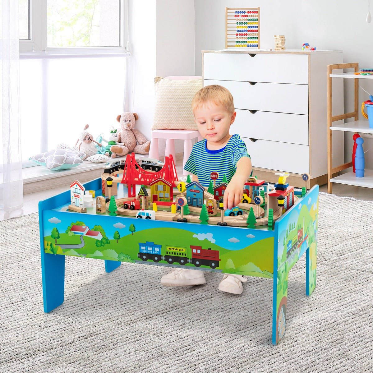 Explore Railways on a Blue Wooden Play Table