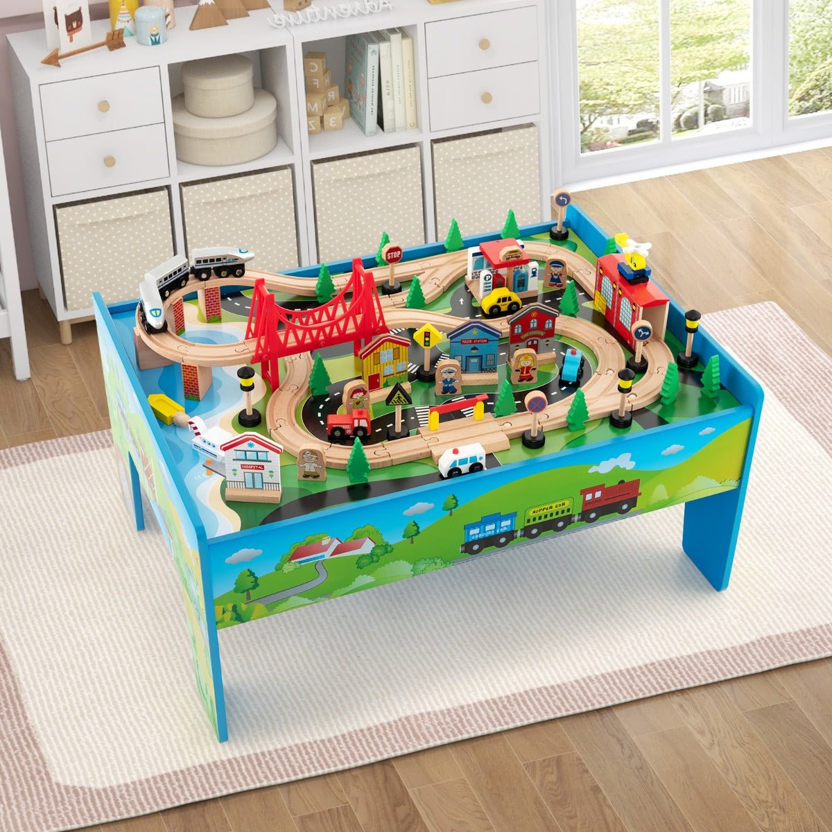 Reversible Wooden Train Table Set 80 Piece Kids Railway