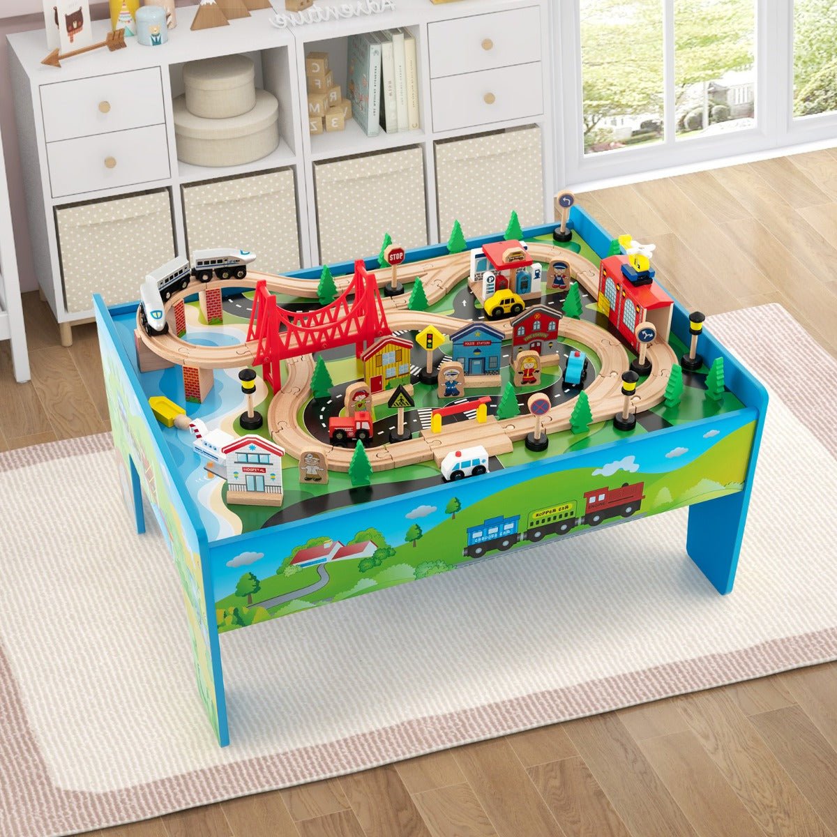 Engaging Wooden Train Set with Reversible Blue Surface
