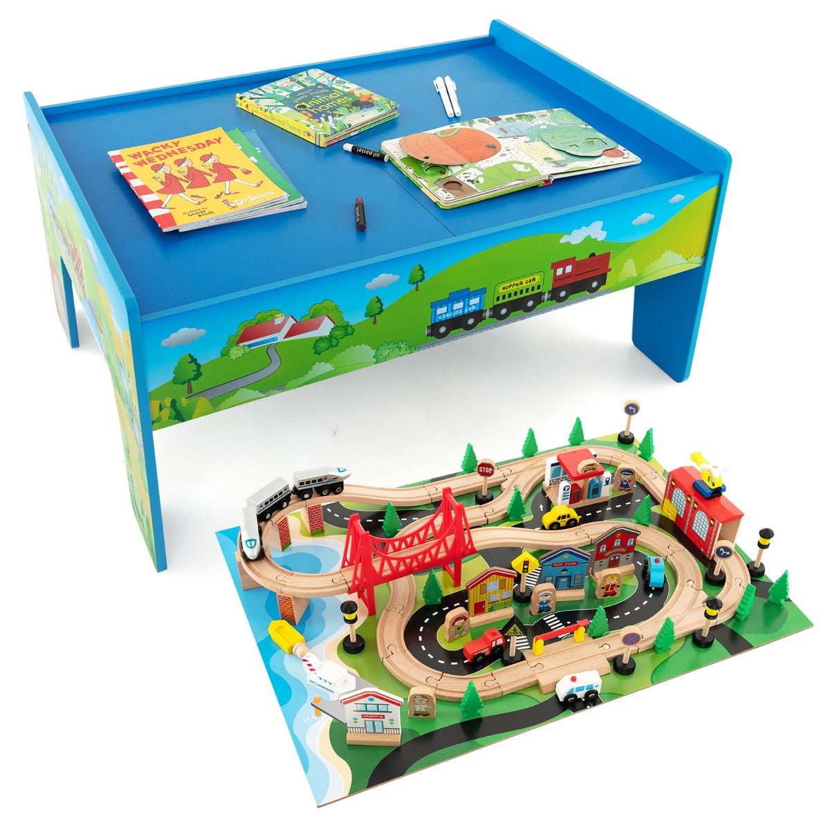 Blue Reversible Tabletop Wooden Train Set Adventure