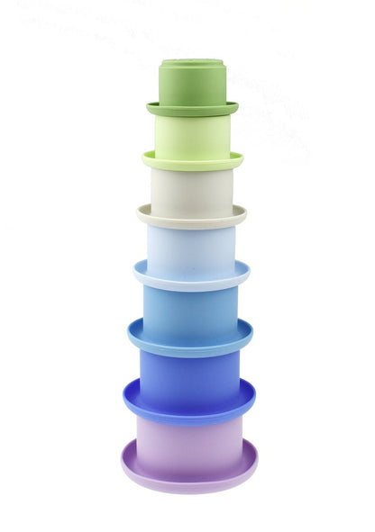 Blue silicone stacking cups set for childrens play and learning activities at home.