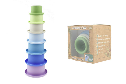 7-piece silicone stacking cups set in blue for interactive play and learning activities.